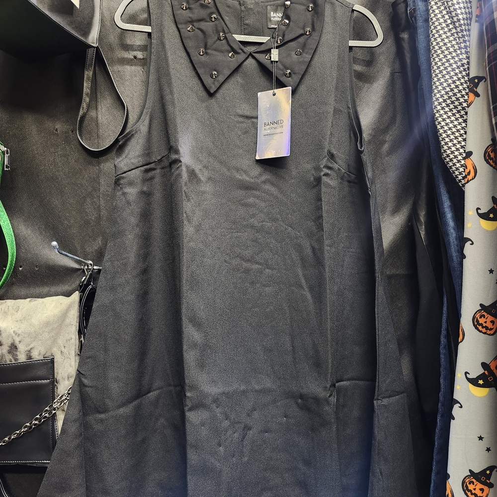 Banned Alternative Black Dress with Studded Collar